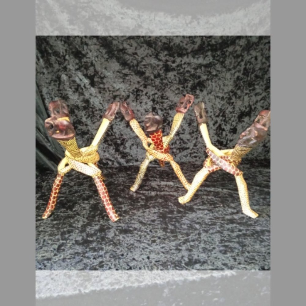 Lot 3 Vintage Carved Wood Bowl Stand Braided Intertwined African Elephant